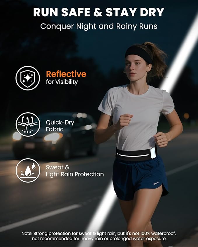 Running Belt with Water Bottle & Headband, No-Bounce Hydration Belt Adjustable Reflective Waterproof Fanny Pack for Women & Men, Fits All Phones (M-Black)