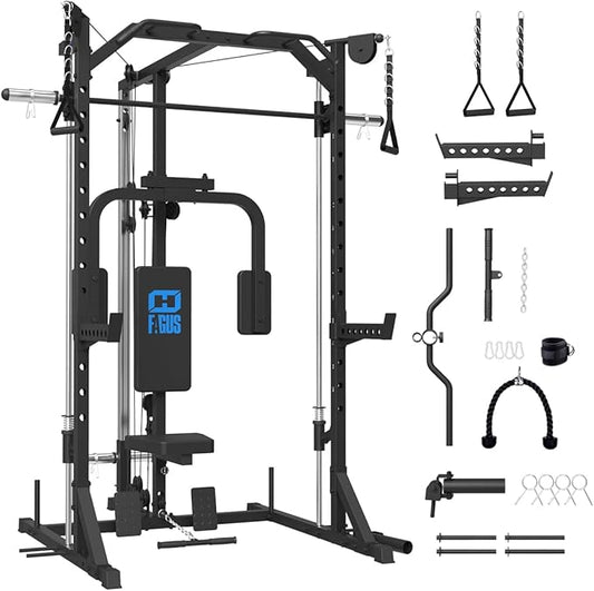 FAGUS Smith Machine Home Gym Power Cage with Pulley System, Space Saving Design Squat Rack with Full Body Strength Training Attachments, PEC Station & Fixed Cable Crossover Optional