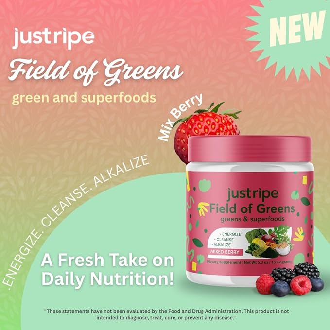 Field of Greens Superfood Powder with Organic Spirulina, Chlorella, Beet Root Powder - Bacillus Coagulans Probiotic, A Plant-Based Mix Supporting Gut Health, Immunity, 28 Scoops - Mixed Berry