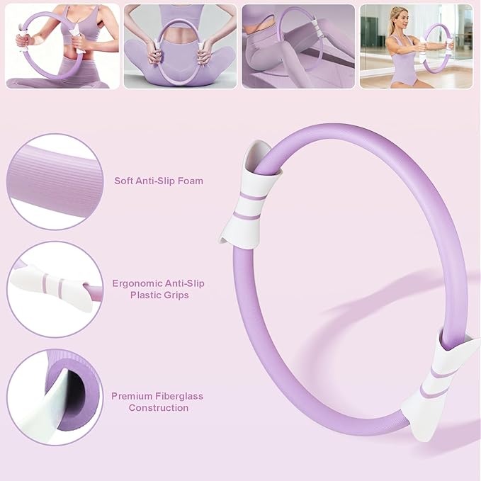 Luscinia Pilates Equipment Kit for Women Home Pilates Essentials Set with 14" Pilates Ring Circle 7" Pilates Ball Pilates Resistance Bands Figure 8 Band and Accessories Pink Pilates Kit for Beginners