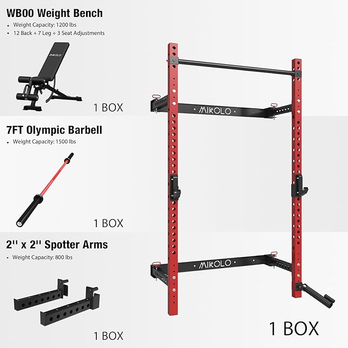 Mikolo 2" x 2" Folding Wall Mounted Squat Rack, 1000 Pounds Capacity Power Rack with Pull Up Bar, J Hooks and Other Attachments, Space-Saving Home Gym