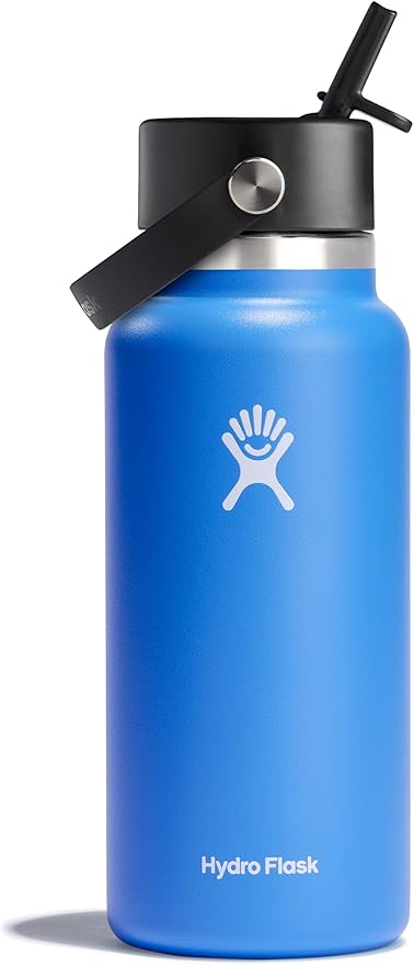 Hydro Flask Water Bottle - Insulated Stainless Steel - Wide Mouth Flex Straw Lid, Non Spill, Leakproof and Refillable in 32 Oz Cascade Blue
