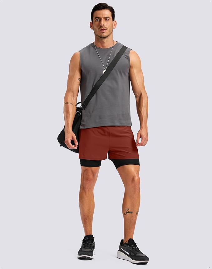 Pudolla Men's 7" Running Shorts with Zipper Pockets Quick Dry 2 in 1 Workout Gym Shorts with Liner for Tennis Yoga Training