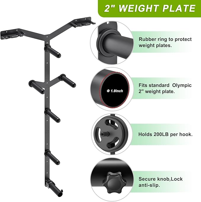 Wall Mounted Weight Plate Rack, Heavy Duty Olympic Barbell Holder & T Bar Row Landmine Attachment, 5 Pegs & 4 Barbell Storage, Space-Saving Home Gym Organizer