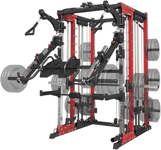Commercial Smith Machine with Smith Bar, 4000LBS Power Cage Squat Rack with Lever Arm, Leg Press, LAT Pull Down System, Multi-Function Linear Bearing Cable Crossover Machine for Home Gym