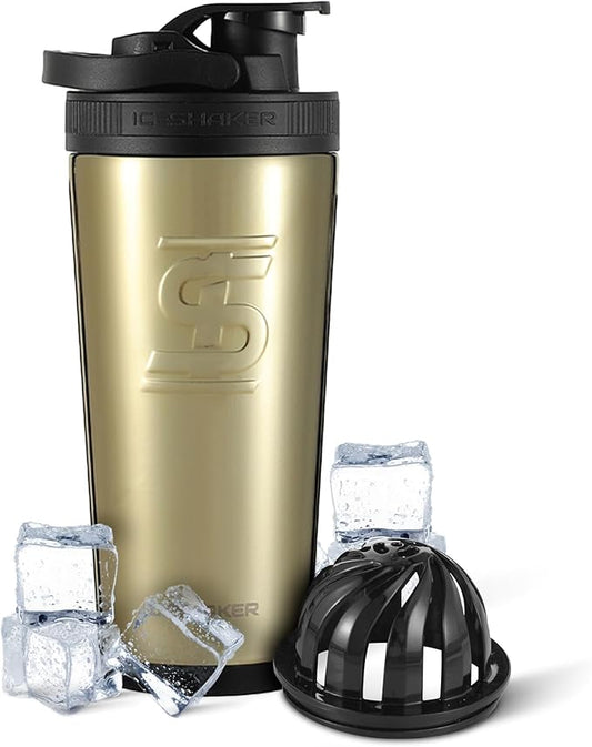 Ice Shaker Insulated Stainless Steel Shaker Bottle | 26oz, Gold | Cold for 30+ Hours | Insulated Cup with Twist-on Agitator | Odor-Free Bottle for Protein Shakes, Water, Smoothies, Cocktails