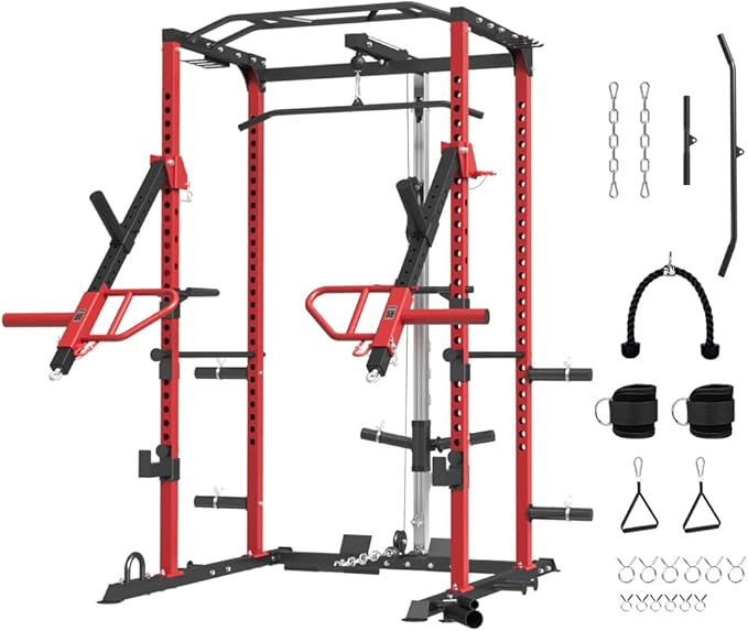 FAGUS Power Cage, Multi-Function Power Rack with LAT Pulldown, Seated Row, Cable Pulley System, J-Hooks, Dip Handles, Landmine, Squat Rack with Optional Cable Corssover, Smithe Attachment for Home Gym