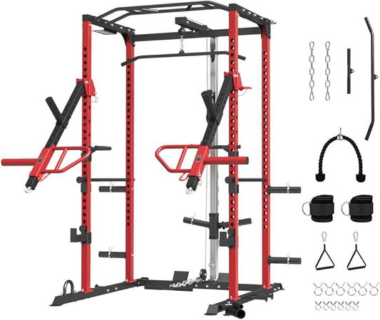 FAGUS Power Cage, Multi-Function Power Rack with LAT Pulldown, Seated Row, Cable Pulley System, J-Hooks, Dip Handles, Landmine, Squat Rack with Optional Cable Corssover, Smithe Attachment for Home Gym