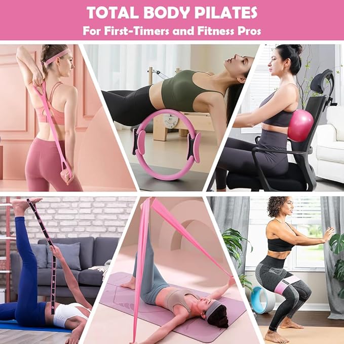 Pro Pilates Ring Set with 16+ Pieces - 14" Anti-Deformation Magic Circle, Resistance Bands, Yoga Ball, Guide & Bag for Home Workouts, Toning & Flexibility (for Women & Men)