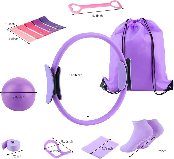 ASIEIT Home Pilates Kit for Women, Pilates Equipment with 5 Resistance Bands, 14'' Magic Circle, Pilates Ball and Ring Set, Pilates Essentials Kit for Home Toning, Strength and Flexibility