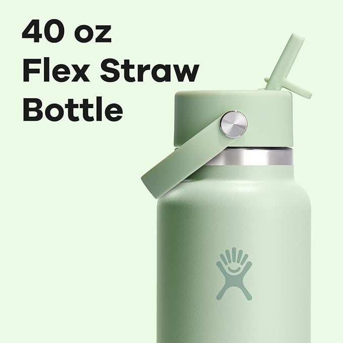 Hydro Flask Water Bottle - Insulated Stainless Steel - Wide Mouth Flex Straw Lid, Non Spill, Leakproof and Refillable in 40 Oz Aloe Green