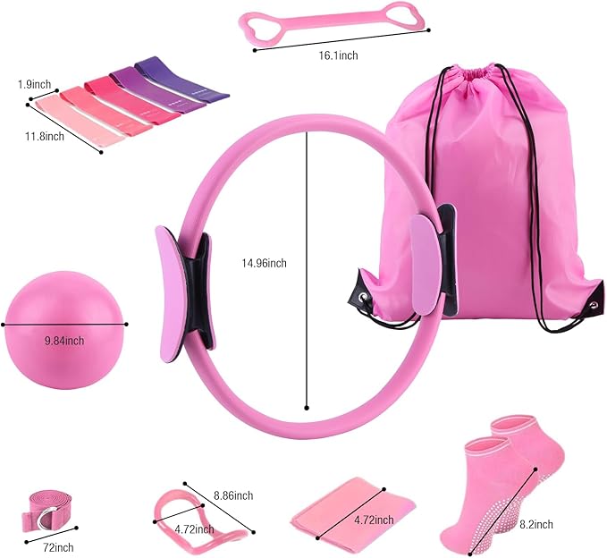 ASIEIT Home Pilates Kit for Women, Pilates Equipment with 5 Resistance Bands, 14'' Magic Circle, Pilates Ball and Ring Set, Pilates Essentials Kit for Home Toning, Strength and Flexibility