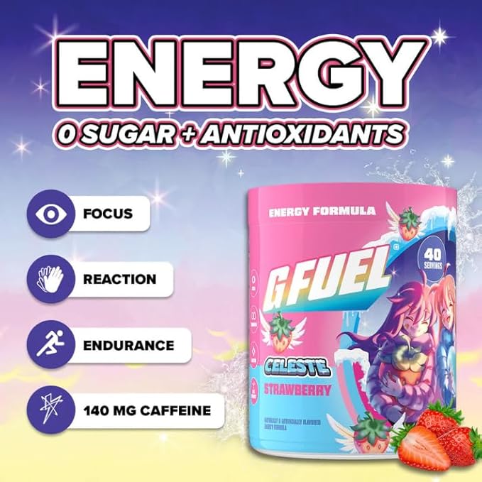 G Fuel Celeste Strawberry Energy Drink Powder, Pre Workout Caffeine Mix for Gaming, Sugar Free Focus Amino, Vitamin + Antioxidants, 9.8oz (Celeste Strawberry, 40 Servings)
