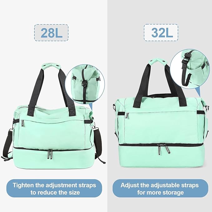 Gym Bag for Female, Weekender Bags for Women with Shoes Compartment, Personal Item Travel Duffel Bag with Wet Pocket & USB Charging Port, Carry On Bag for Women, Travel, Gym, Weekend (Light green)