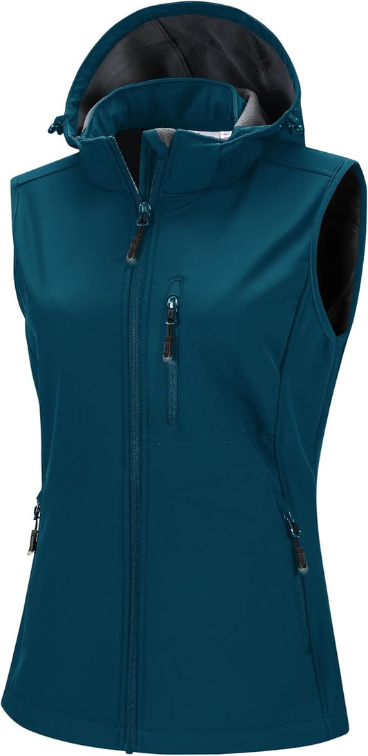 33,000ft Women's Hooded Lightweight Softshell Vest Fleece Lined Windproof Zip Up Sleeveless Jacket for Hiking Golf Running