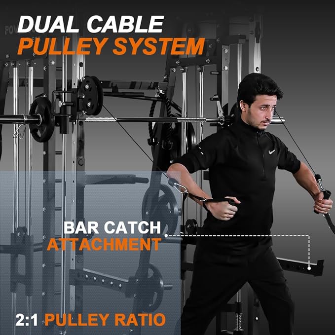 Power Cage 2300lbs Smith Machine Squat Rack with LAT-Pull Down System & Cable Crossover Machine, Training Equipment with Leg Hold-Down Attachment Weight Cage for Home Gym