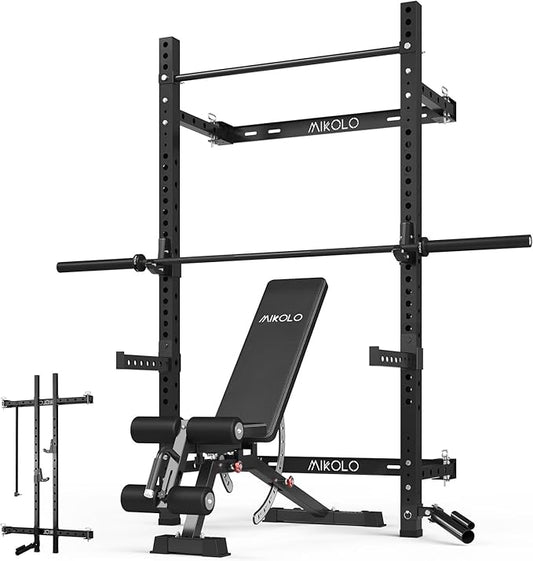 Mikolo 2" x 2" Folding Wall Mounted Squat Rack, 1000 Pounds Capacity Power Rack with Pull Up Bar, J Hooks and Other Attachments, Space-Saving Home Gym