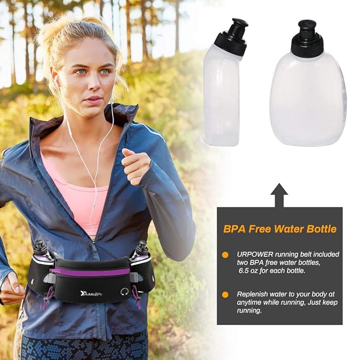 Running Belt with Water Bottles(2 x 175ML), Hydration Belt Waterproof Waist Pack Bag Fits iPhones Adjustable Sports Waist Pouch for Marathon Running Hiking Cycling, Purple