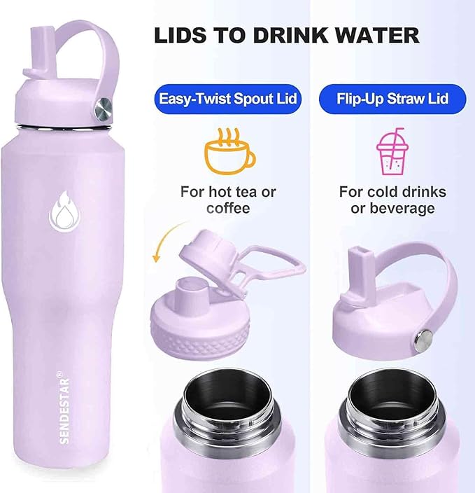 SENDESTAR 32oz Water Bottle Wide Mouth Stainless Steel Vacuum Insulated Double Wall with Straw Lids Fit in Any Car Cup Holder,Lilac