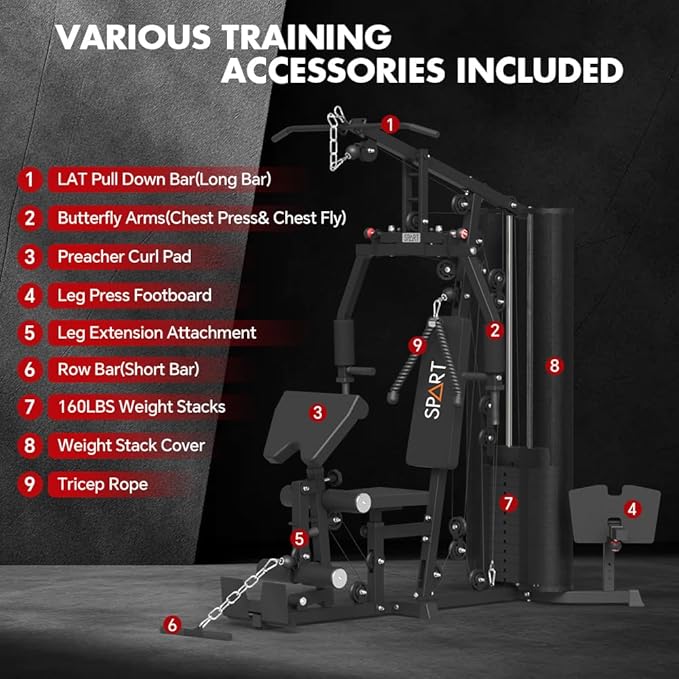 SPART Home Gym, Multifunctional Home Gym Equipment, Workout Station with 160LBS Weight Stack for Leg Press & Chest Fly, All in One Workout Machine Full Body Strength Training with Pulley System