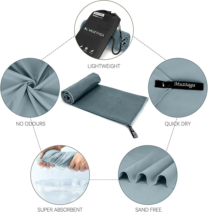 Microfiber Beach Towel-Perfect for Travel, Sports, Camping, Swimming, Yoga, Gym- Quick Dry, Sand Free, Compact, Lightweight, Absorbent (Grey,X-Large(200x90cm, 78x35”))