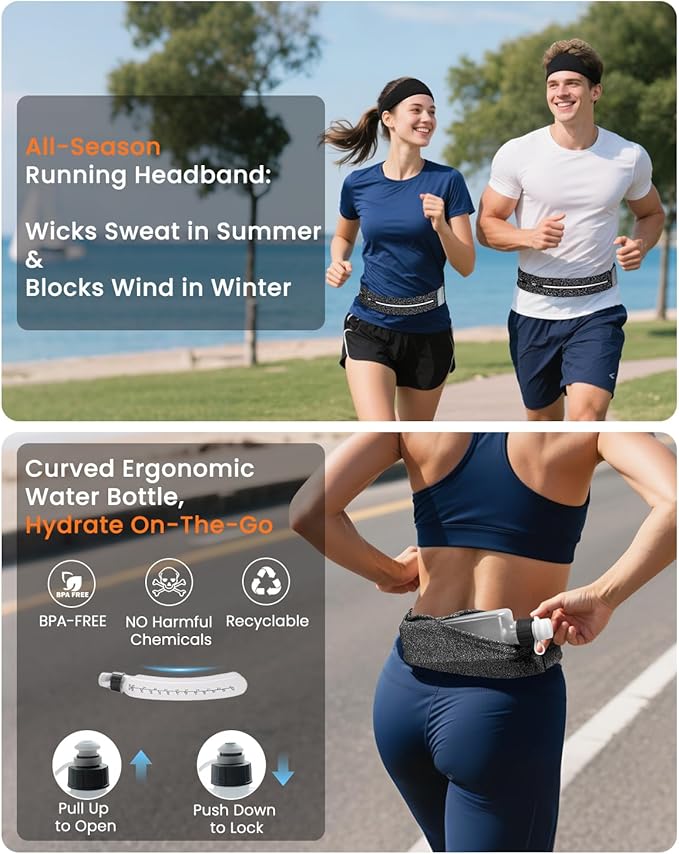 Running Belt with Water Bottle & Headband, No-Bounce Hydration Belt Adjustable Reflective Waterproof Fanny Pack for Women & Men, Fits All Phones (M-Gray)