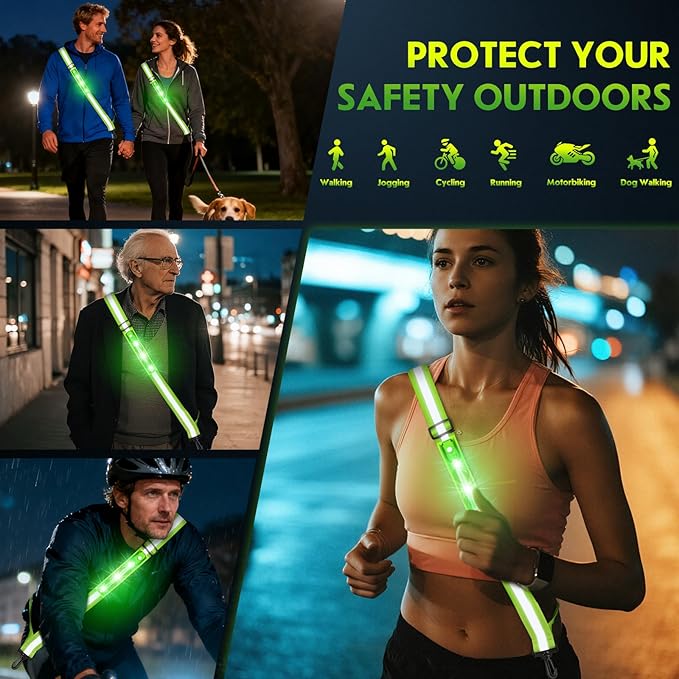Simket Reflective Walking Gear, Rechargeable Led Reflective Sash, Adjustable Night Walking Safety Gear, High Visibility Safety Lights for Walking at Night for Men Women Jogging Running Biking