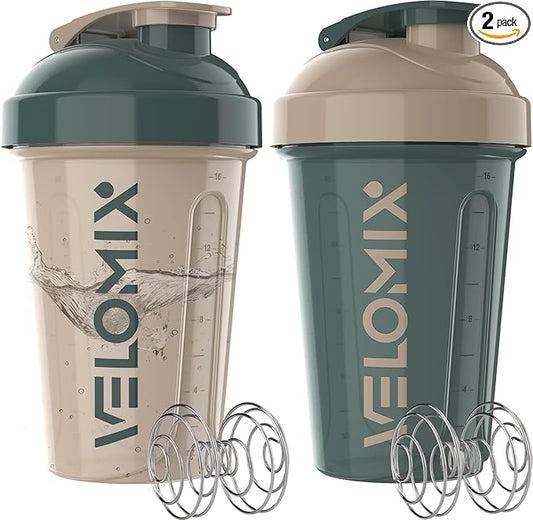 VELOMIX -2 Pack- 20 oz Protein Shaker Bottles for Protein Mixes - 2x Wire Whisk | Leak Proof Shaker Cups for Protein Shakes and Pre Workout | Protein Shaker Bottle Pack (L) Blue&Beige