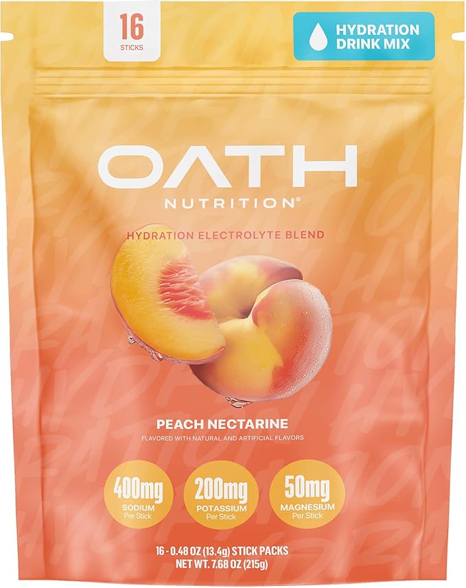 Oath Nutrition Hydration Electrolyte Powder, Complete Electrolyte Blend for Rapid Hydration and Muscle Support, 16 Single-Serve Packets, Peach Nectarine