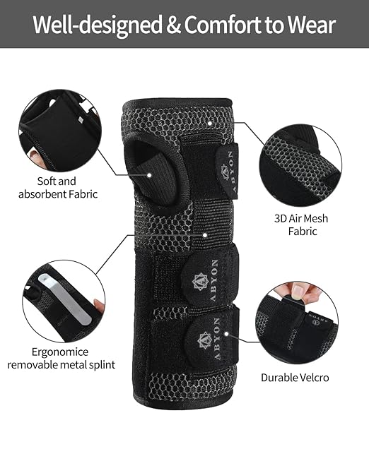 ABYON Carpal Tunnel Wrist Brace Night Support – Wrist Splint for Pain Relief, Tendonitis, Arthritis, Sprains – Lightweight, Breathable Padded Hand Brace for Men & Women, Left Hand (Medium,Black/Gray)