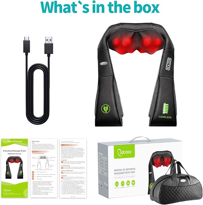 cotsoco Cordless Shiatsu Neck and Shoulder Massager with Heat,Portable Massagers for Neck and Back,3D Deep Tissue Kneading Back Massager for Muscle Pain Relief,Perfect Gifts for Men and Woman