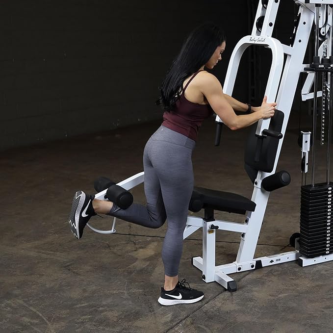 Body-Solid (EXM2500BLPSRSTK) Multi-Station Home Gym Machine, Arm & Leg Strength Training Functional Exercise Workout Station, 210lbs. Red Weight Stack with Leg Press