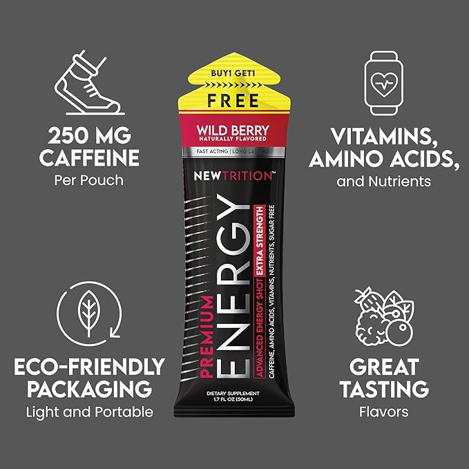 NewTrition® Extra Strength Energy Shots, 250mg Caffeine Energy Shots with Vitamin B & Amino Acids, Sugar-Free Vitamin Energy Shot, 1.7 fl oz (Pack of 24, 4 Flavors - Mixed 1)