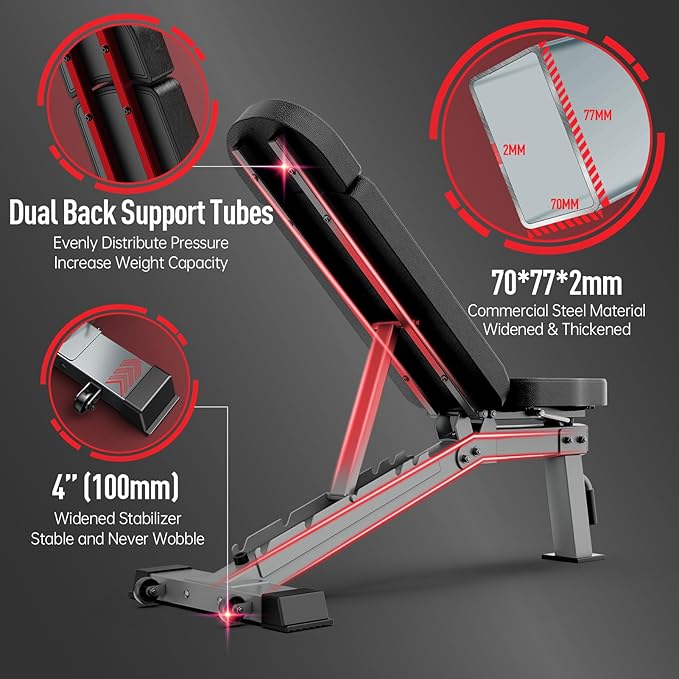 JOROTO MD80 Weight Bench, 1300 LB Heavy Duty Workout Bench Press for Home Gym, Adjustable Positions Strength Training, Adjustable Weight Bench with Wheels and Extended Backrest | Multiple Positions