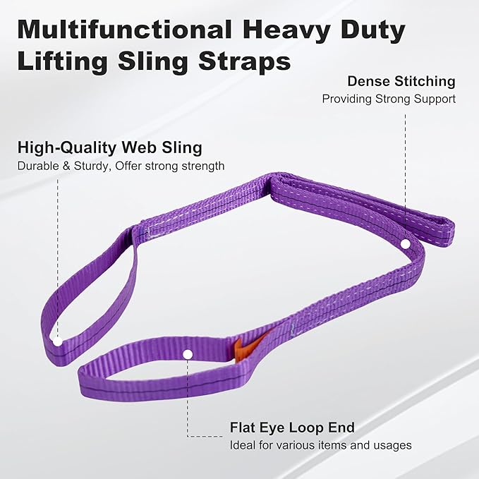 Leyso Pack of 2 Purple 6' x 1" Multifunctional Heavy Duty Lift Sling Web Town Strap with 5" Diameter Reinforced Loops and Wear Guard End