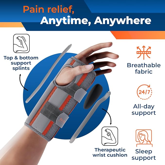 DR. BRACE Adjustable Wrist Brace Night Support for Carpal Tunnel, Doctor Developed, Upgraded with Double Splint & Therapeutic Cushion,Hand Brace for Pain Relief,Injuries,Sprains (L/XL Right Hand, Grey-Orange)