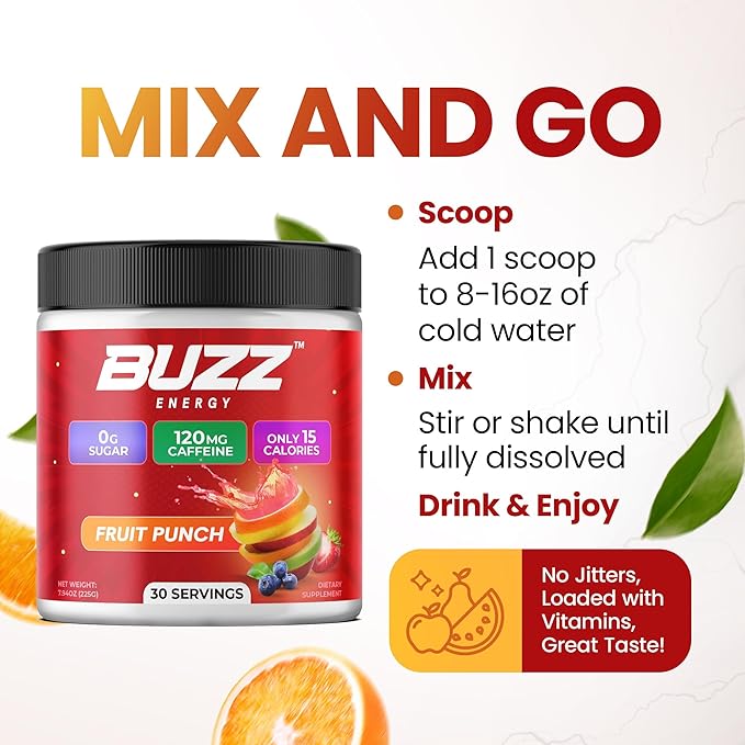 Morning Buzz Energy Drink Powder - Energy Boost Drink Mix - Sugar-Free Energy with Antioxidants - Morning Kickstart and Sports Nutrition Endurance Product - 30 Servings, Fruit Punch, 7.9 Ounces