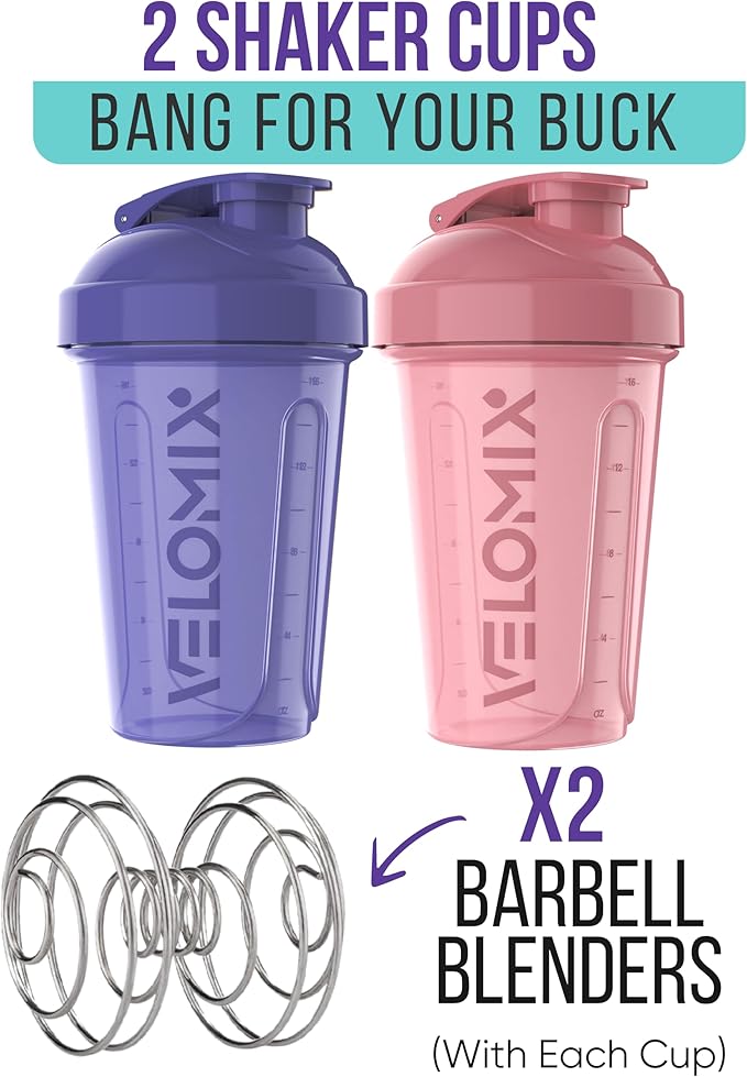 VELOMIX -2 Pack- 20 oz Protein Shaker Bottles for Protein Mixes - 2x Wire Whisk | Leak Proof Shaker Cups for Protein Shakes and Pre Workout | Protein Shaker Bottle Pack (Lavender Glow)