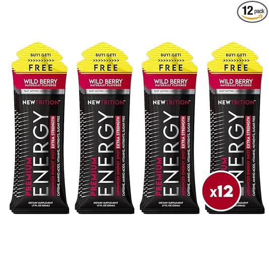 NewTrition® Extra Strength Energy Shots, 250mg Caffeine Energy Shots with Vitamin B & Amino Acids, Sugar-Free Vitamin Energy Shot, 1.7 fl oz (Pack of 12, Wild Berry)