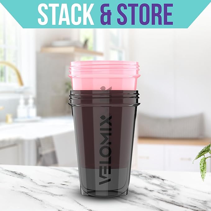 VELOMIX -2 Pack- 20 oz Protein Shaker Bottles for Protein Mixes - 2x Wire Whisk | Leak Proof Shaker Cups for Protein Shakes and Pre Workout | Protein Shaker Bottle Pack (K) Pink/Black
