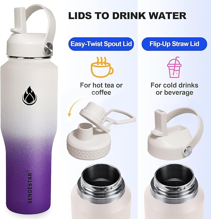 SENDESTAR 32oz Water Bottle Wide Mouth Stainless Steel Vacuum Insulated Double Wall with Straw Lids Fit in Any Car Cup Holder