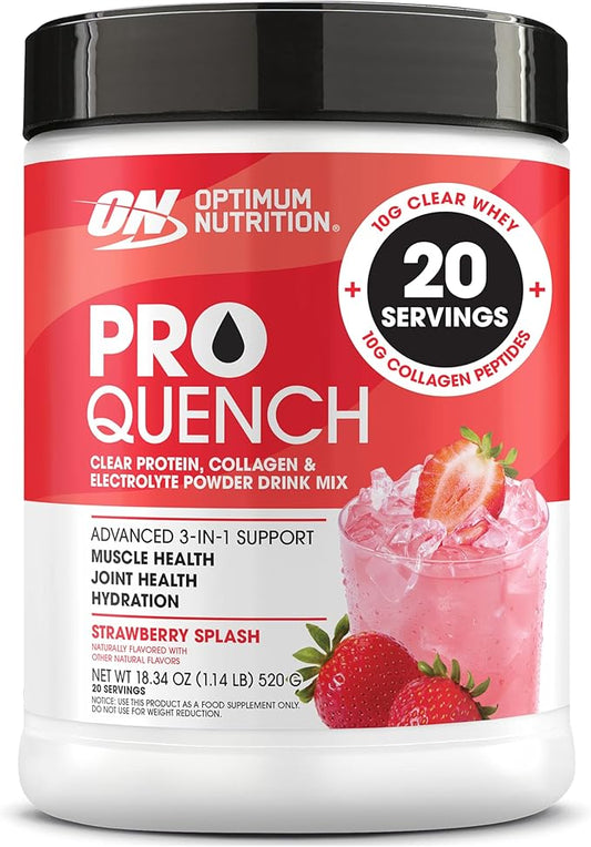 Optimum Nutrition Pro Quench, 10g Clear Protein, 10g Collagen peptides & Electrolyte Powder Drink Mix, Strawberry, 20 Servings, 520 Grams (Packaging May Vary)