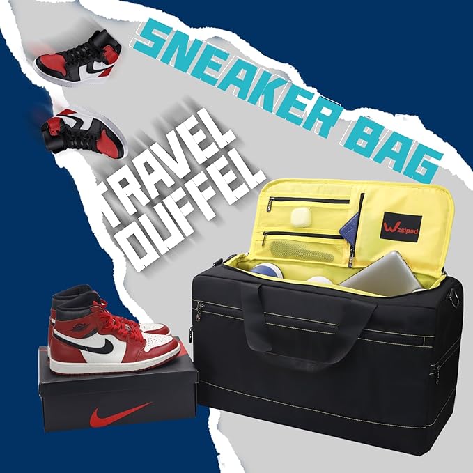 Sneaker Duffel Travel Bag, Waterproof Sneaker Duffle Bags Shoe Bags for Travel, Basketball Sports Gym bag with 3 Adjustable Dividers, & Shoulder Strap, Yellow