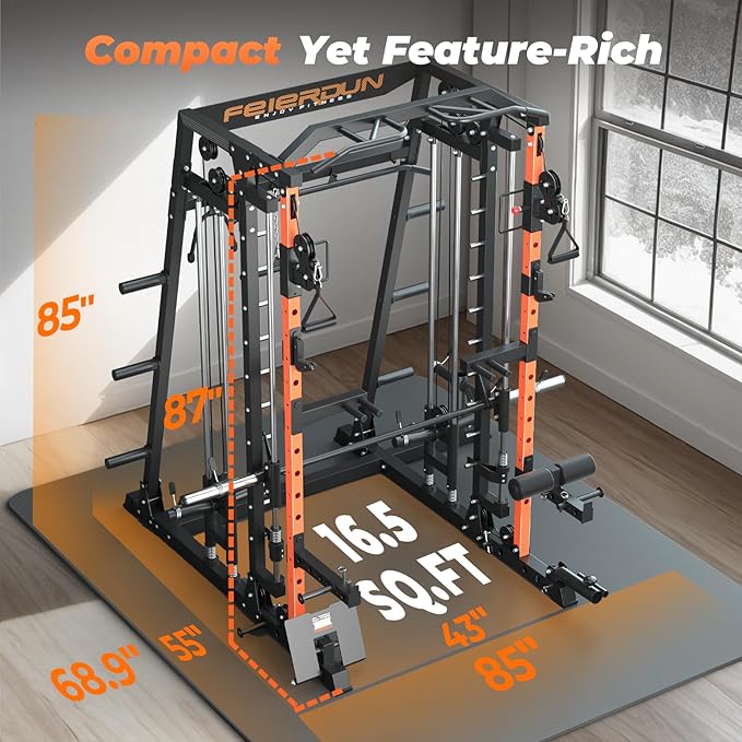 FEIERDUN Smith Machine Deadlift Power Cage FOR01,2200lbs Squat Rack for Home Gym,Dual LAT Pull Down & Cable Crossover Machine with Leg Hold-Down Attachment