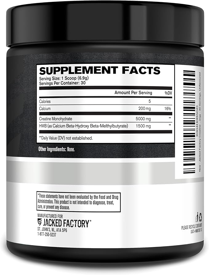 Jacked Factory Creatine HMB Powder Supplement with Creatine Monohydrate & HMB for Men & Women for Muscle Growth, Increased Strength, Enhanced Energy - 30 Servings, Unflavored