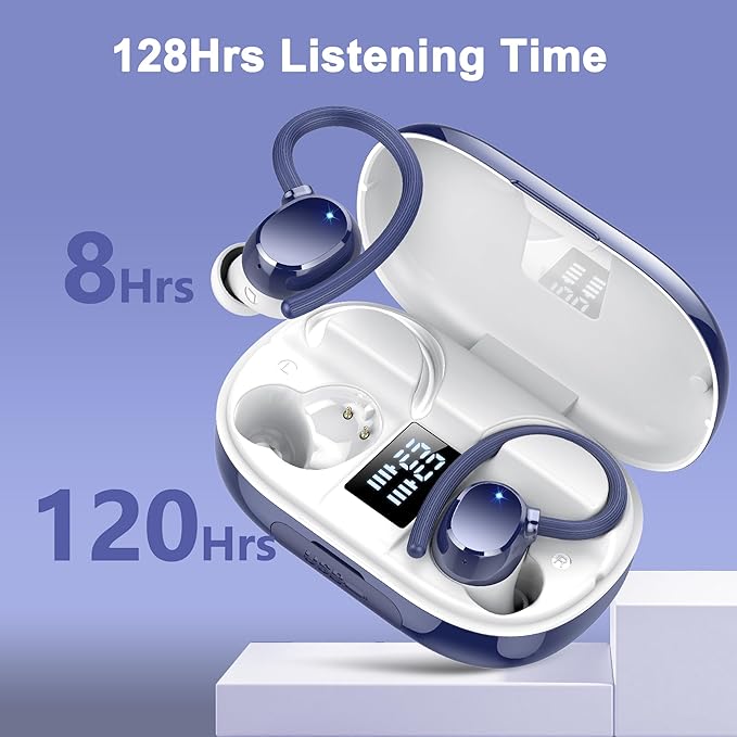 Ear Buds Wireless Earbuds Bluetooth Headphones with 128H Playtime LED Digital Display Charging Case, Over-Ear Hook with Mic, Stereo Sound, IPX7 Waterproof Earphones for Workout/Running