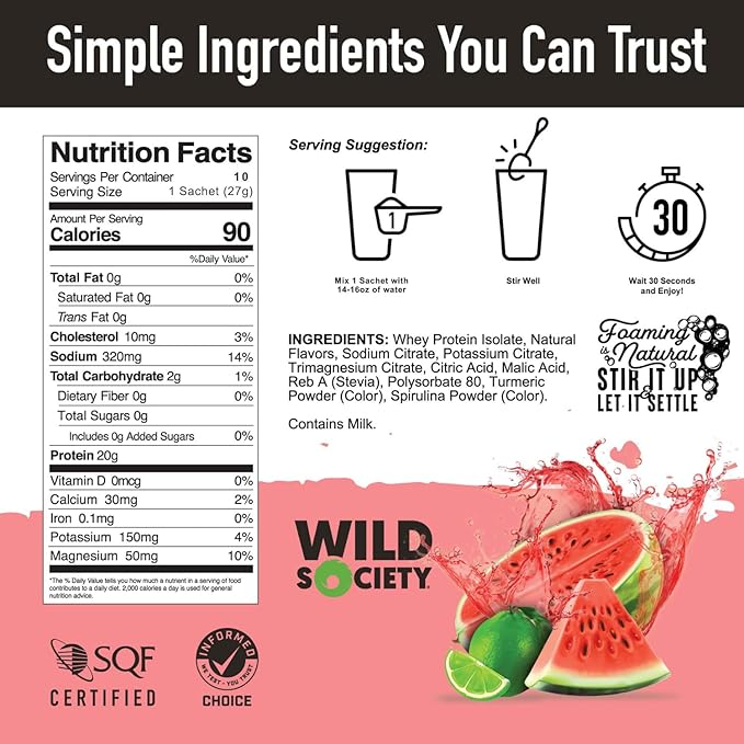 WILD SOCIETY - Clear Whey Protein + Electrolytes - Refreshing Whey Protein Isolate Powder - 20g Protein, 0 Sugar, No GMO - Travel Pack - 10x Singe Serves - Watermelon Lime