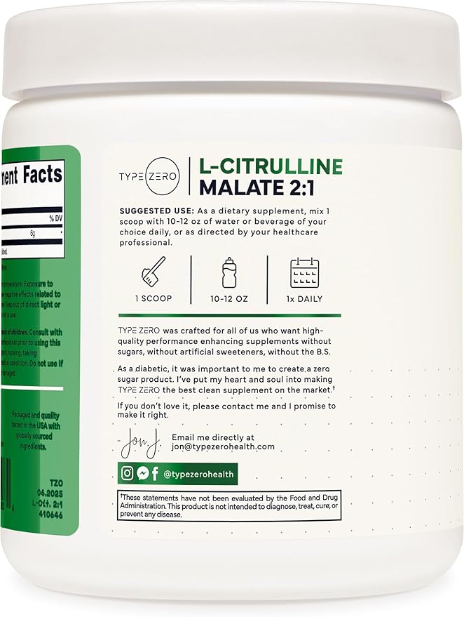 Type Zero L-Citrulline Malate Powder 2:1 6X (300g | 6000mg Per Serving | Unflavored) Ultra Clean L Citrulline, Nitric Oxide Booster, Pre Workout - Nitrous Oxide Vasodilator Supplement