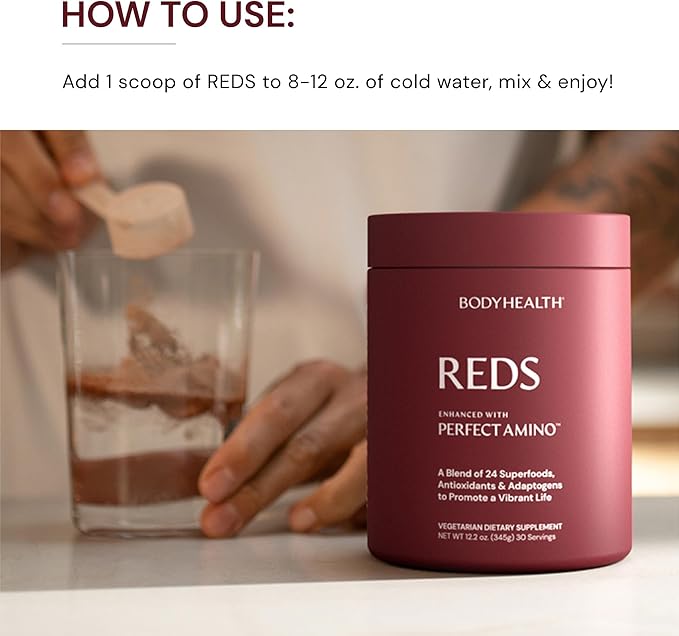 BodyHealth Reds Enhanced with PerfectAmino - Daily Superfood Smoothie Powder with Antioxidants, Adaptogens, Phytonutrients, Fruit, Prebiotics, Probiotics, Fiber, and Protein - 30 Servings