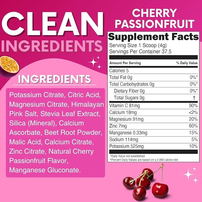 Zero Sugar - Cherry Passionfruit Electrolytes Powder - Refreshing Hydration - Caffeine Free Energy with All Natural Ingredients - Vegan, Keto, Paleo - Sugar Free Electrolytes Drink Mix - 30 Servings